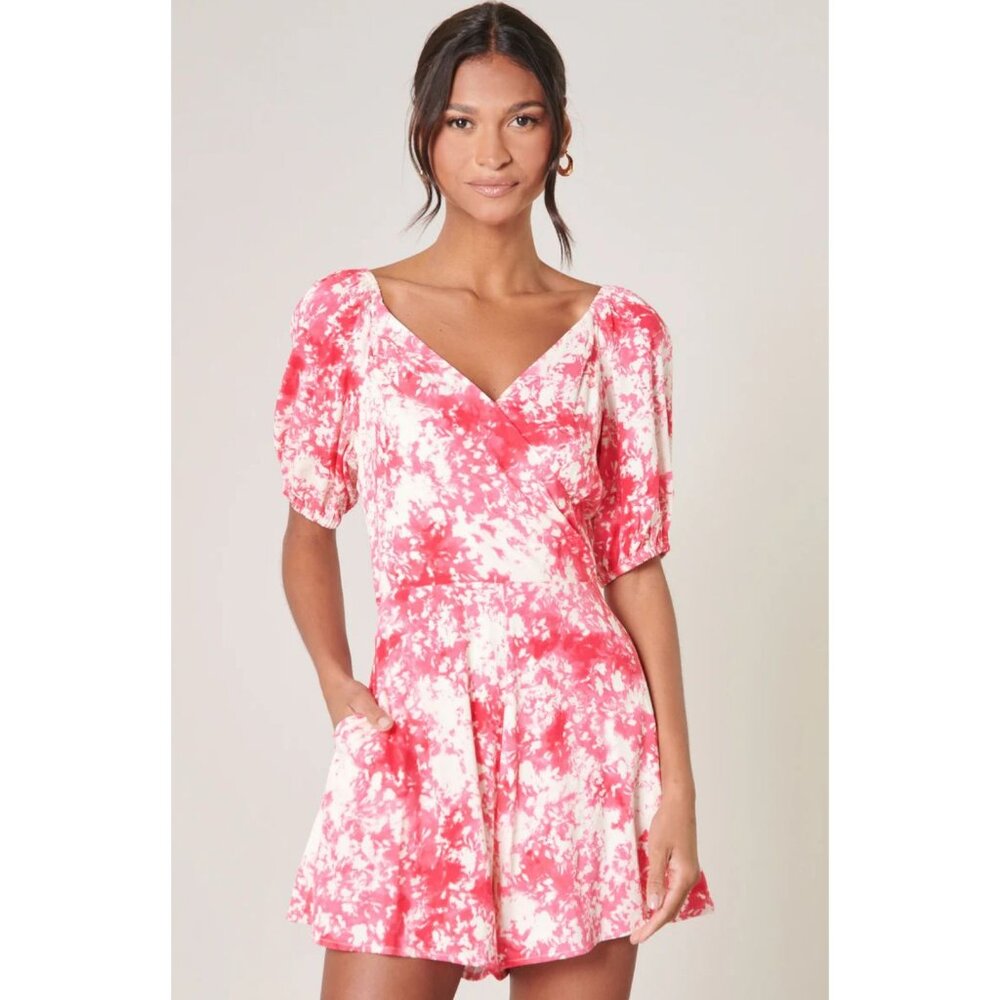 Sugarlips Coral Crush Everheart Romper XS Pink White V-Neck Short Sleeve MSRP $8 - Picture 2 of 11
